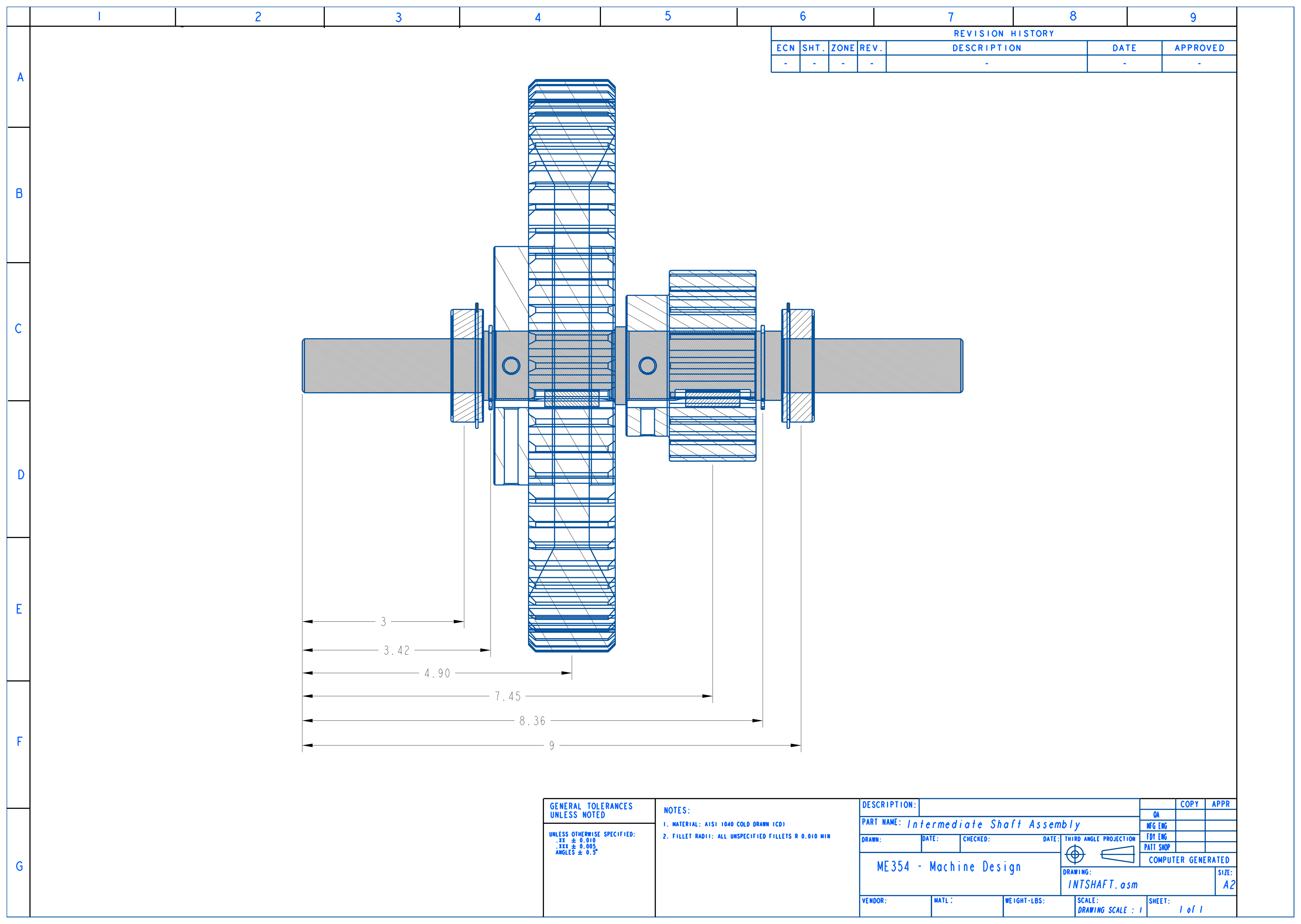 2D dimensioned assembly drawing of the full intermediate shaft with all components