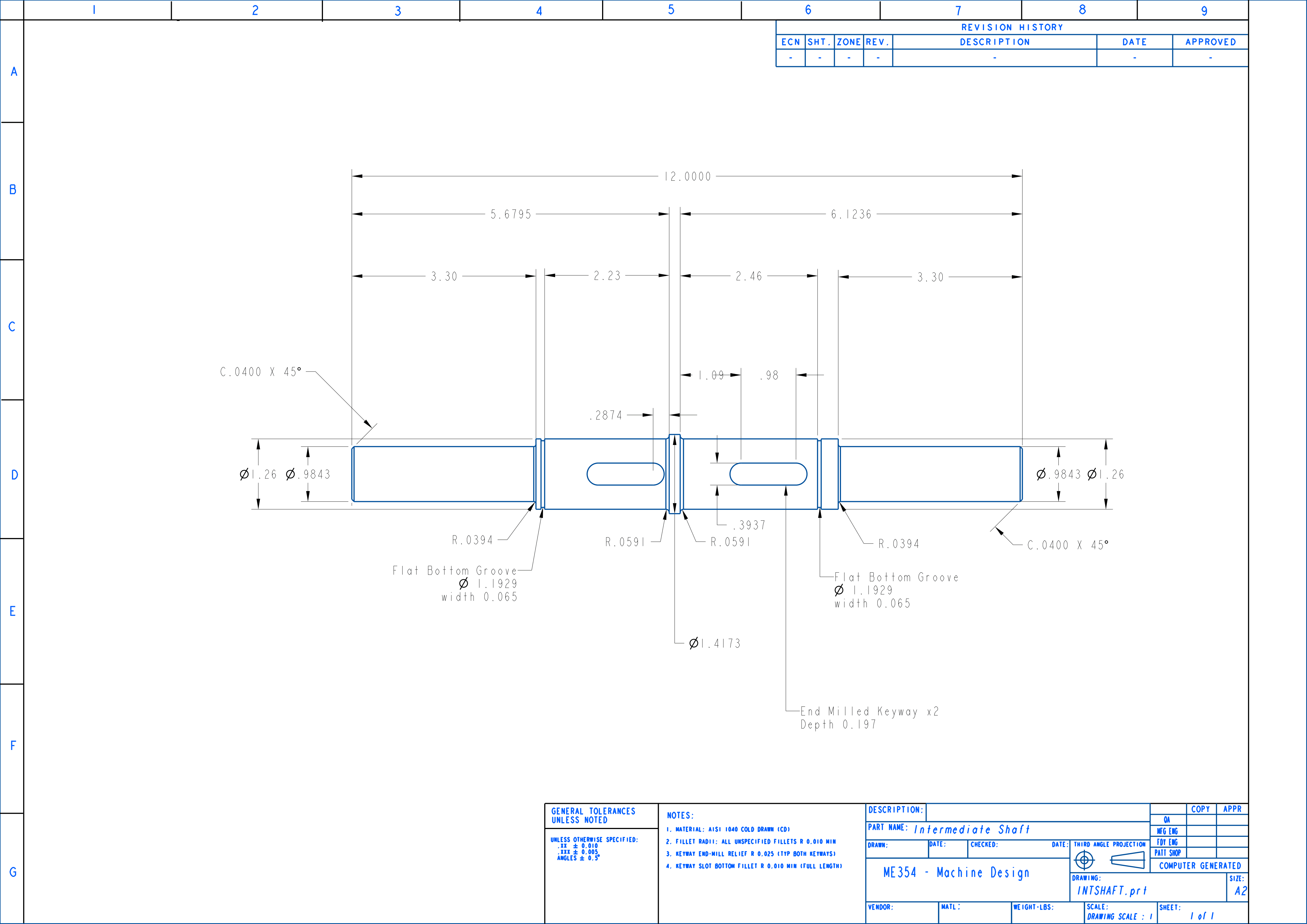 2D dimensioned drawing of the full intermediate shaft