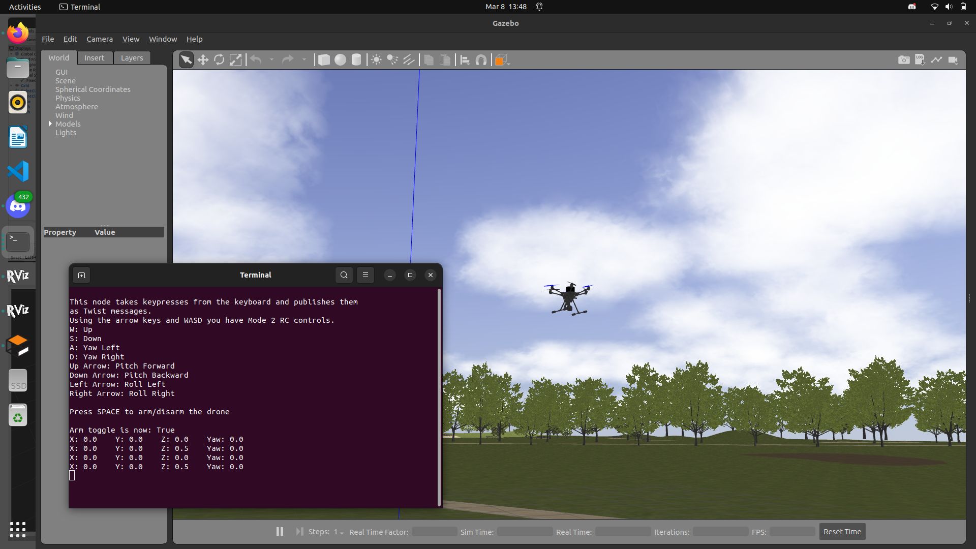 The simulated hexacopter hovering over the Gazebo world