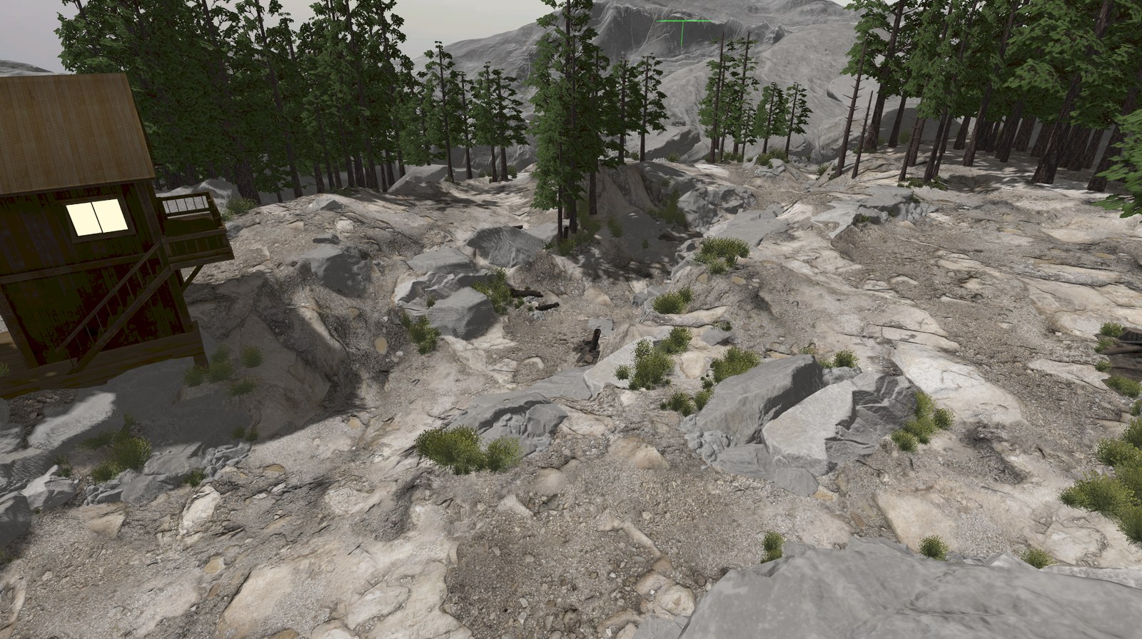Gazebo world of rocky mountain terrain with trees and a cabin