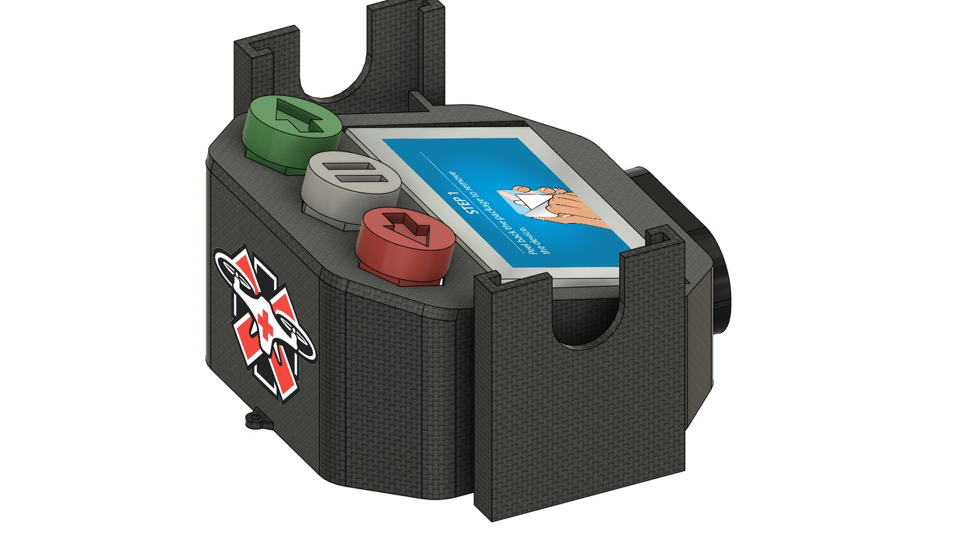 Fusion 360 render of the weatherproof Narcan case with instruction screen and colored buttons
