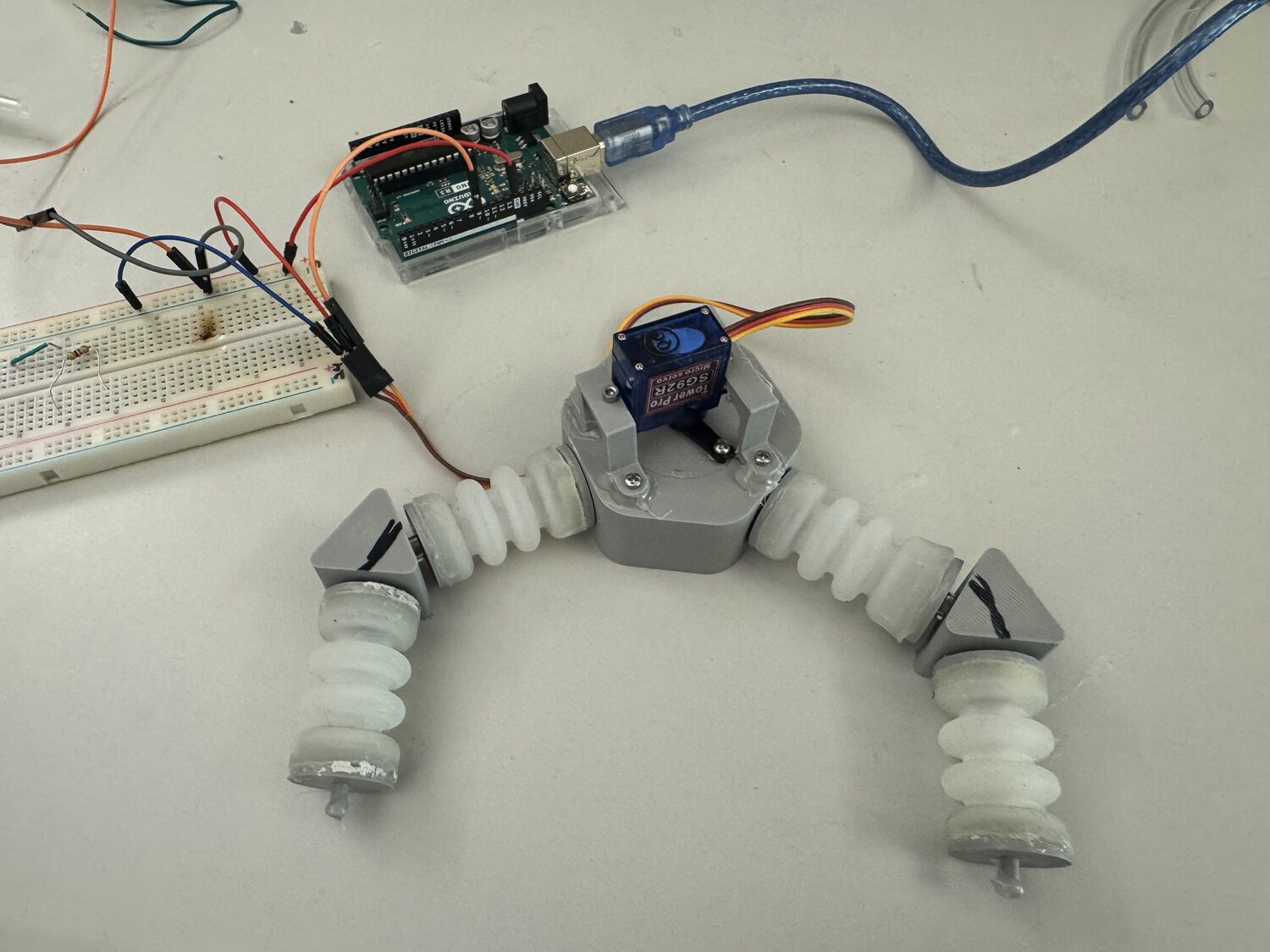 Two-bellow test node wired to an Arduino Uno on a breadboard